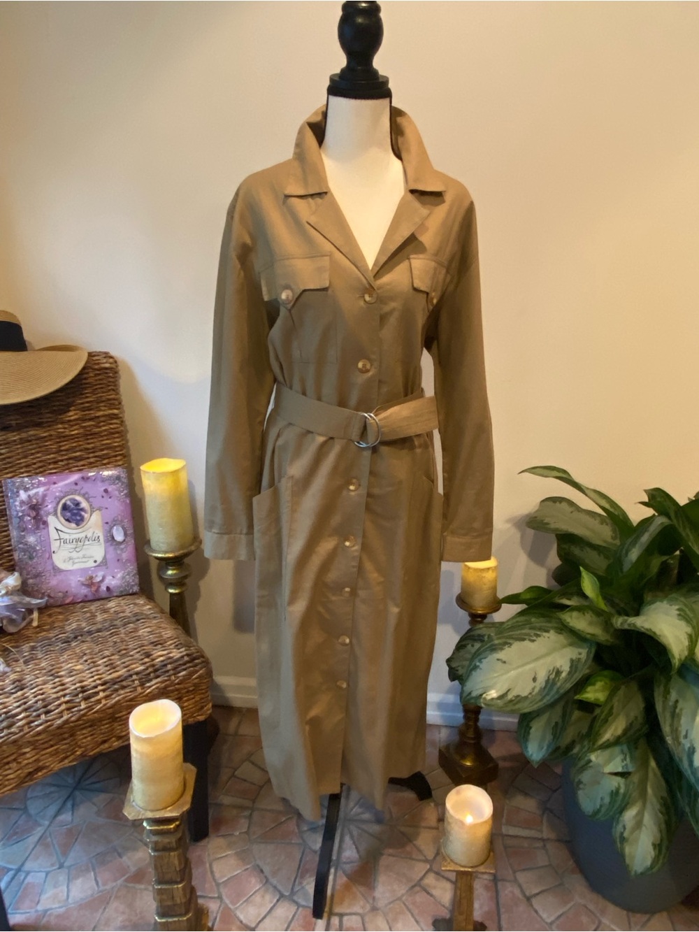 Belted Tan Trench Dress Coat